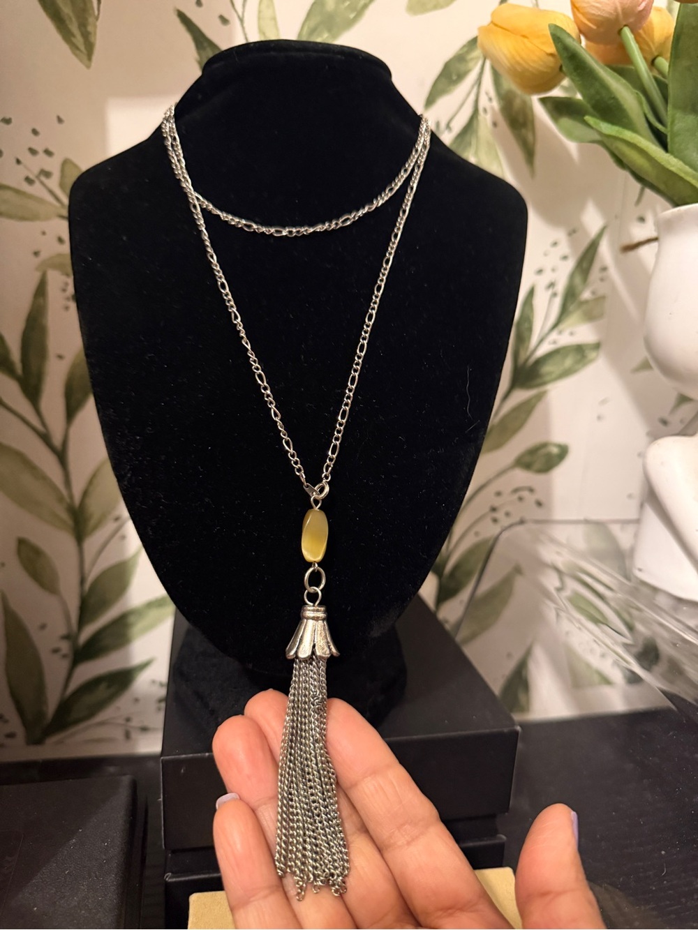Silver-Tone Layered Chain Necklace with Yellow Accent and Tassel